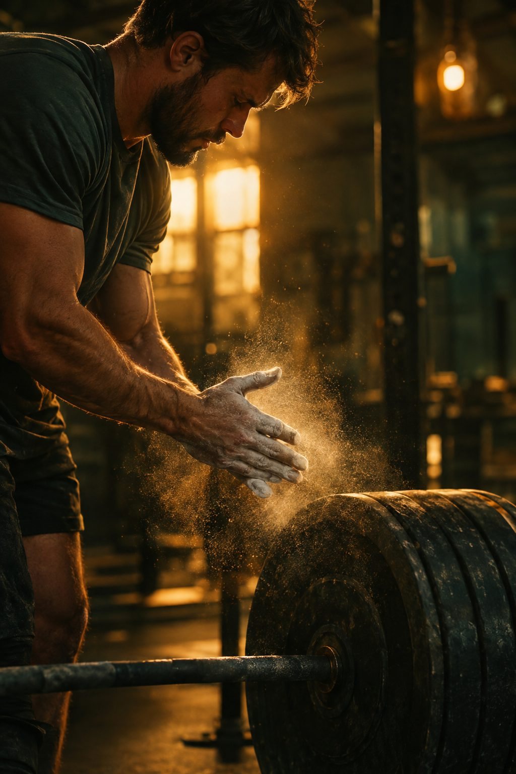 Lifter chalking hands over a barbell